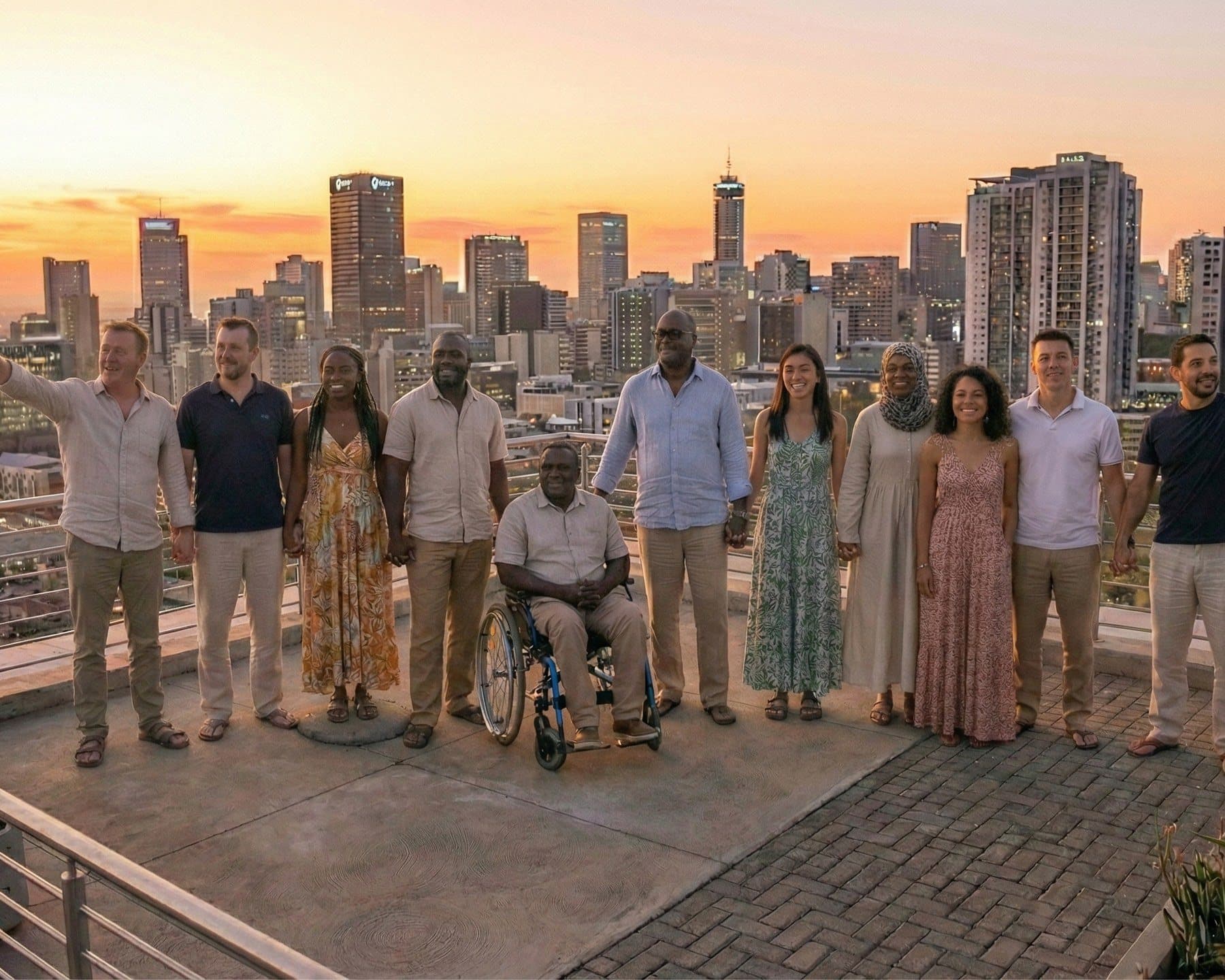 A group of people standing together on a rooftop above a city at sunset